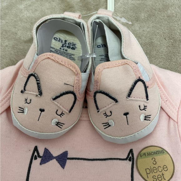 Chick Pea 3-PC Baby Girl Cat BodySuit Pants and Shoes Pink 6-9 Months - Picture 3 of 8